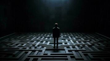 a man stands in a dark room with a maze on the fl photo