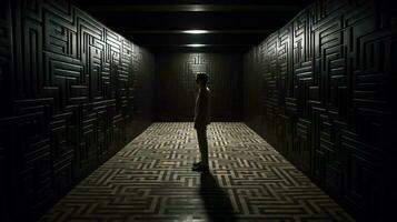 un hombre soportes en un oscuro habitación con un laberinto en el Florida foto