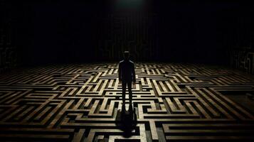 a man stands in a dark room with a maze on the fl photo