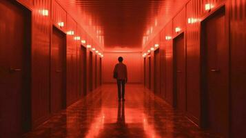 a man walking down a dark hallway with a red ligh photo