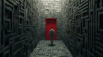 a man walks through a maze with the door open photo