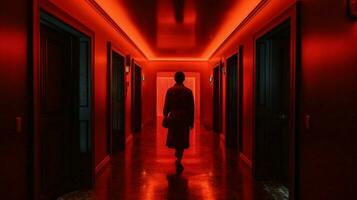 a man walking down a dark hallway with a red ligh photo