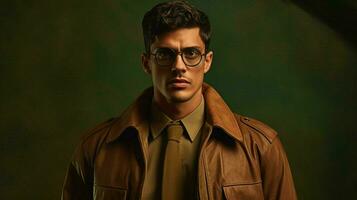 a man wearing a brown jacket and glasses photo