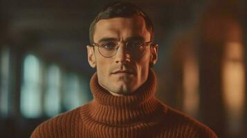 a man wearing a brown turtleneck sweater and glas photo