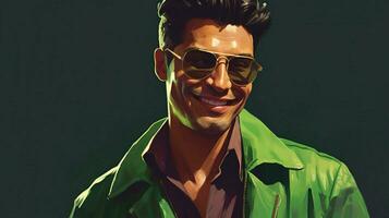 a man wearing a green jacket and sunglasses smile photo