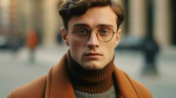 a man wearing a brown turtleneck sweater and glas photo