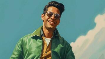 a man wearing a green jacket and sunglasses smile photo