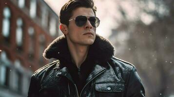 a man wearing a leather jacket and sunglasses sta photo