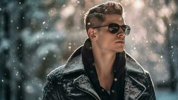 a man wearing a leather jacket and sunglasses sta photo