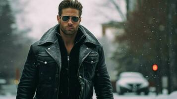 a man wearing a leather jacket and sunglasses sta photo