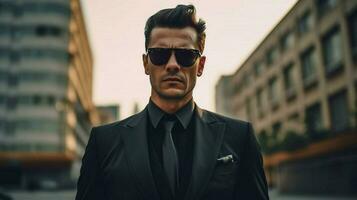 a man wearing a suit and sunglasses photo