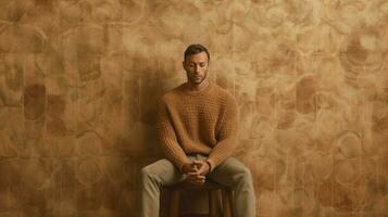 a man wearing a tan sweater and a beige sweater s photo