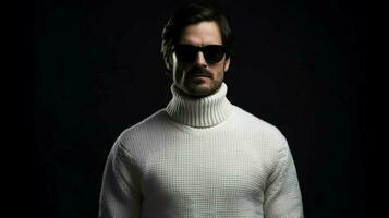 a man wearing a white sweater and sunglasses stan photo
