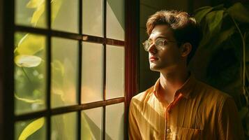 a man wearing glasses and a yellow shirt stands photo