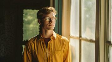 a man wearing glasses and a yellow shirt stands photo