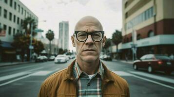 a man wearing glasses stands in front of a city photo