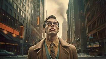 a man wearing glasses stands in front of a city photo