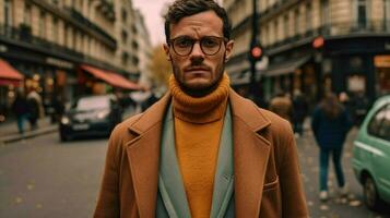 a man wearing glasses stands on a street in paris photo