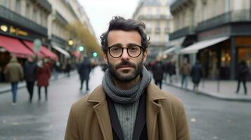 un hombre vistiendo lentes soportes en un calle en París foto
