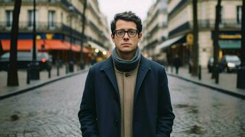 a man wearing glasses stands on a street in paris photo