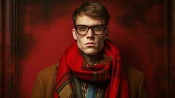 a man wearing red glasses and a red plaid scarf photo