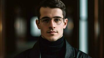 a man wearing glasses with a black sweater photo