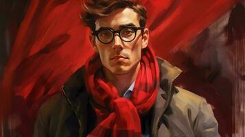 a man wearing red glasses and a red plaid scarf photo