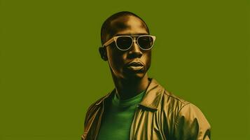 a man wearing sunglasses and a green shirt with photo