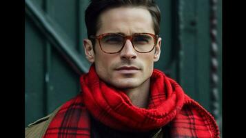 a man wearing red glasses and a red plaid scarf photo