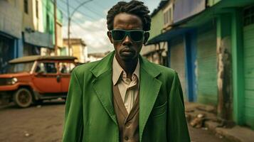 a man wearing sunglasses and a green jacket stand photo