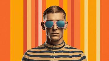 a man wearing sunglasses and a striped shirt with photo