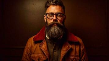 un hombre con un barba y lentes es vistiendo un chaqueta foto