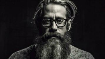 a man with a beard and glasses looks at the camera photo