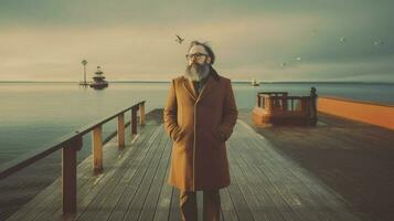 a man with a beard and glasses stands on a pier photo