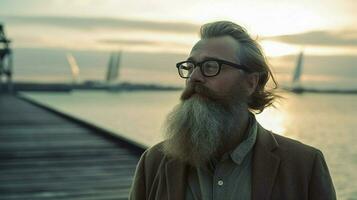 a man with a beard and glasses stands on a pier photo