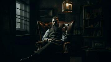 a man with a beard sits in a dark room photo