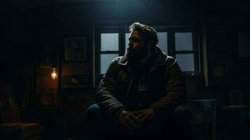 a man with a beard sits in a dark room photo