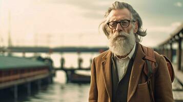 a man with a beard and glasses stands on a pier photo