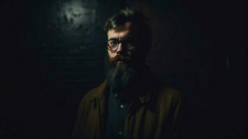 un hombre con un barba y lentes soportes en un oscuro foto