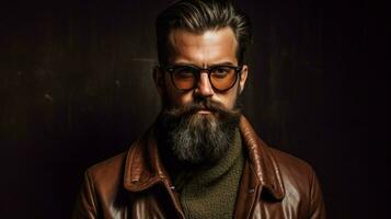 un hombre con un barba vistiendo lentes y un chaqueta foto