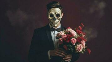 a man with a skull mask holding roses photo