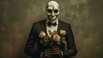 a man with a skull mask holding roses photo
