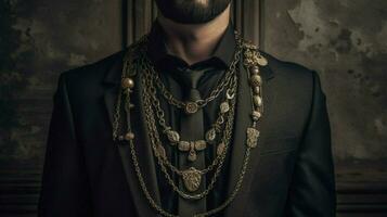 a man with a necklace that saysthe word man photo