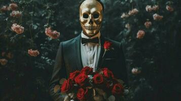 a man with a skull mask holding roses photo