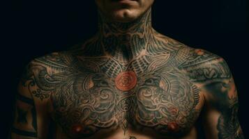 un hombre con un tatuaje en su cofre foto