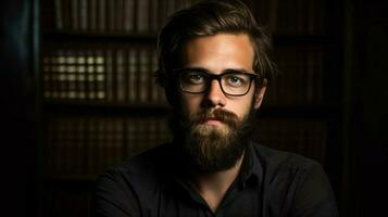 a man with glasses and a beard is wearing a black photo