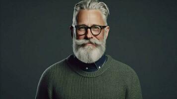 un hombre con lentes y un barba vistiendo un suéter foto