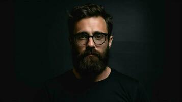 a man with glasses and a beard is wearing a black photo