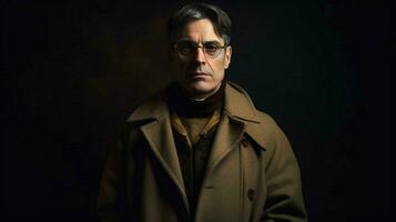 a man with glasses and a brown coat stands photo