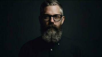 a man with glasses and a beard is wearing a black photo